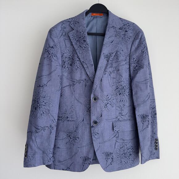Tallia Sport Coat Mens 38R Blue Floral 100% Linen Blazer Slim Fit Dinner Party - Picture 1 of 14